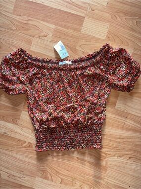 Floral Smocked Off-Shoulder Crop Top in Multi-Color Floral